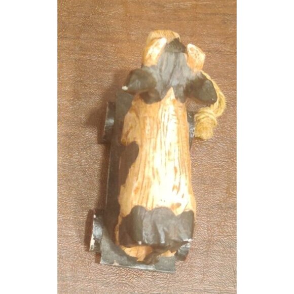 Rustic Plastic Wood-like Carved Black Spotted Cow on Pull Cart Farm Barn Decor - Picture 5 of 11